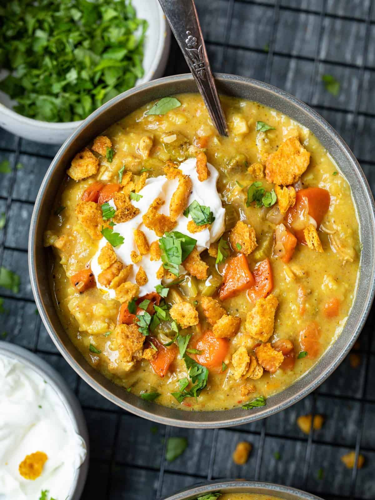 overhead view of a serving of mulligatawny soup in a gray bowl with a spoon.