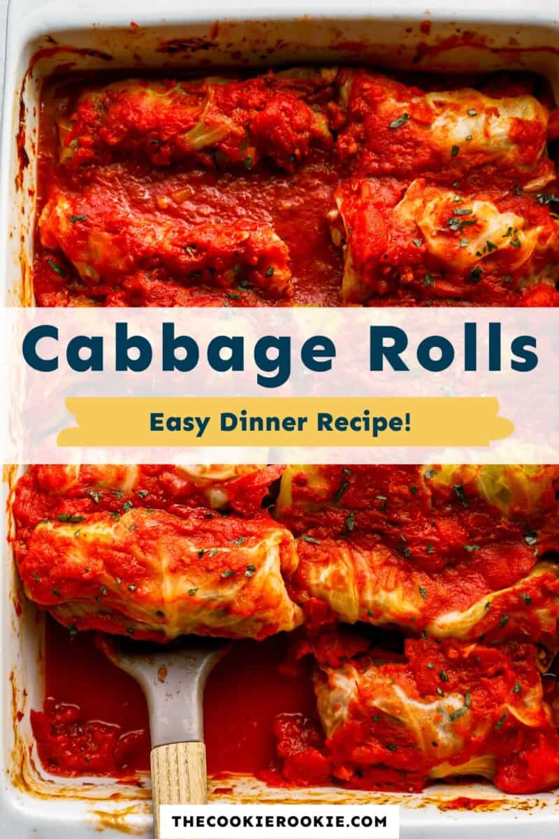 Cabbage rolls in a casserole dish with a fork.