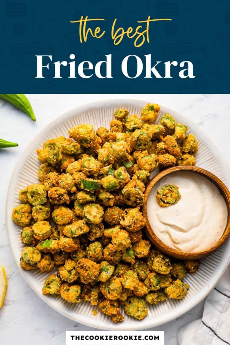 Fried okra on a white plate with the text the best fried okra.