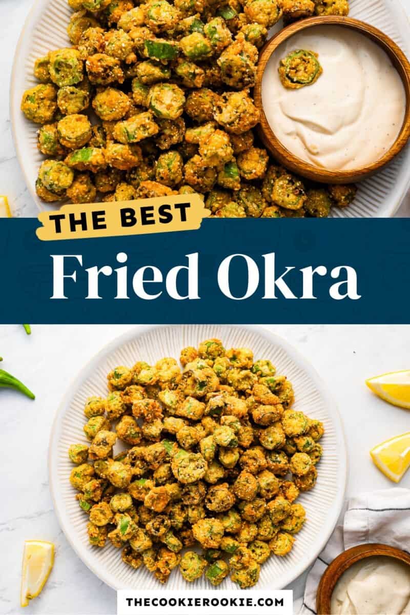 Fried okra on two plates with the text the best fried okra.