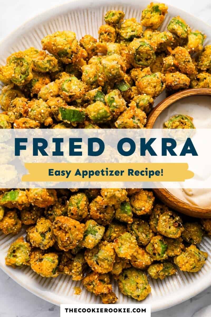 Fried okra on a white plate with the text fried okra easy appetizer recipe.