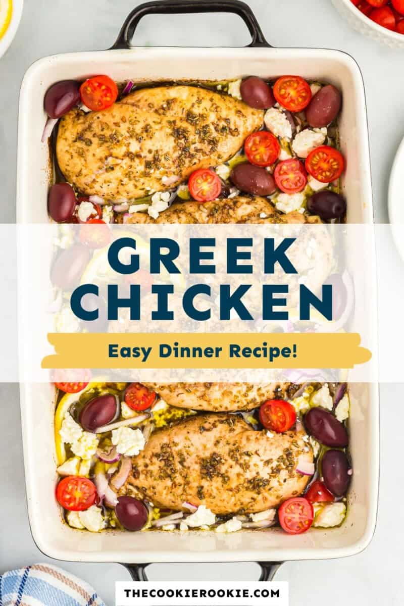 Greek chicken in a baking dish with tomatoes and olives.