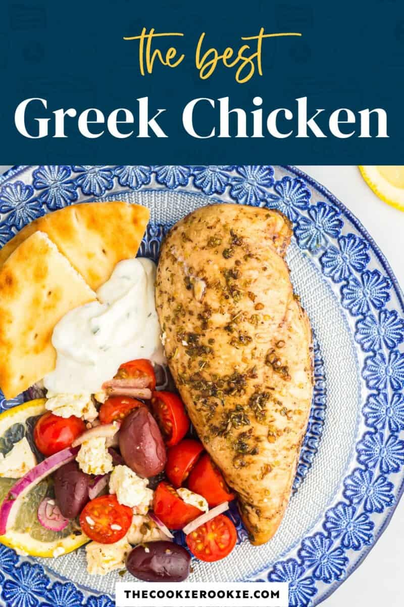 The best greek chicken on a blue plate.