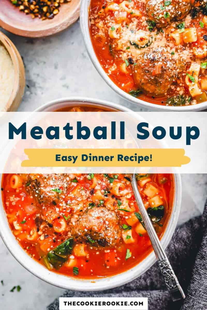 Meatball soup in two bowls with the text meatball soup easy dinner recipe.