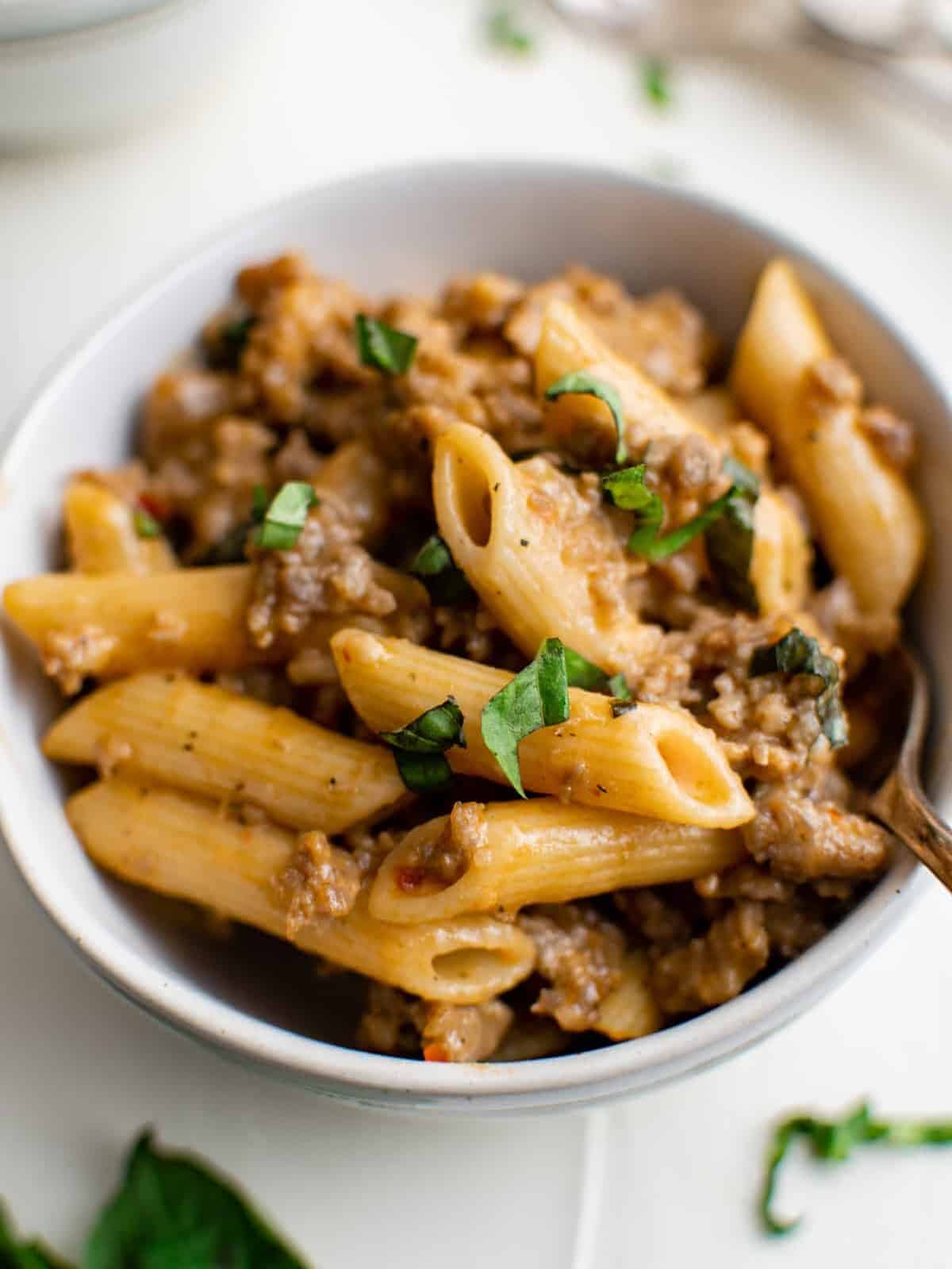 close up three-quarters view of creamy sausage pasta in a white bowl.