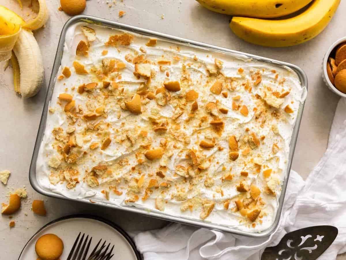 cake baking dish with banana pudding poke cake