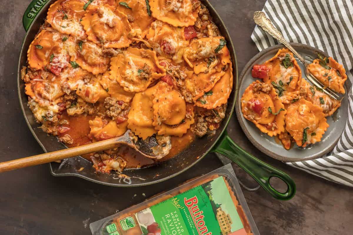 Tomato and Mozzarella stuffed ravioli skillet