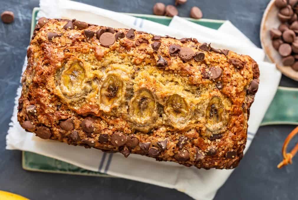 A loaf of banana bread with chocolate chips