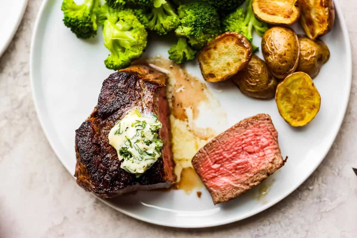 overhead view of steak and veggies on a plate