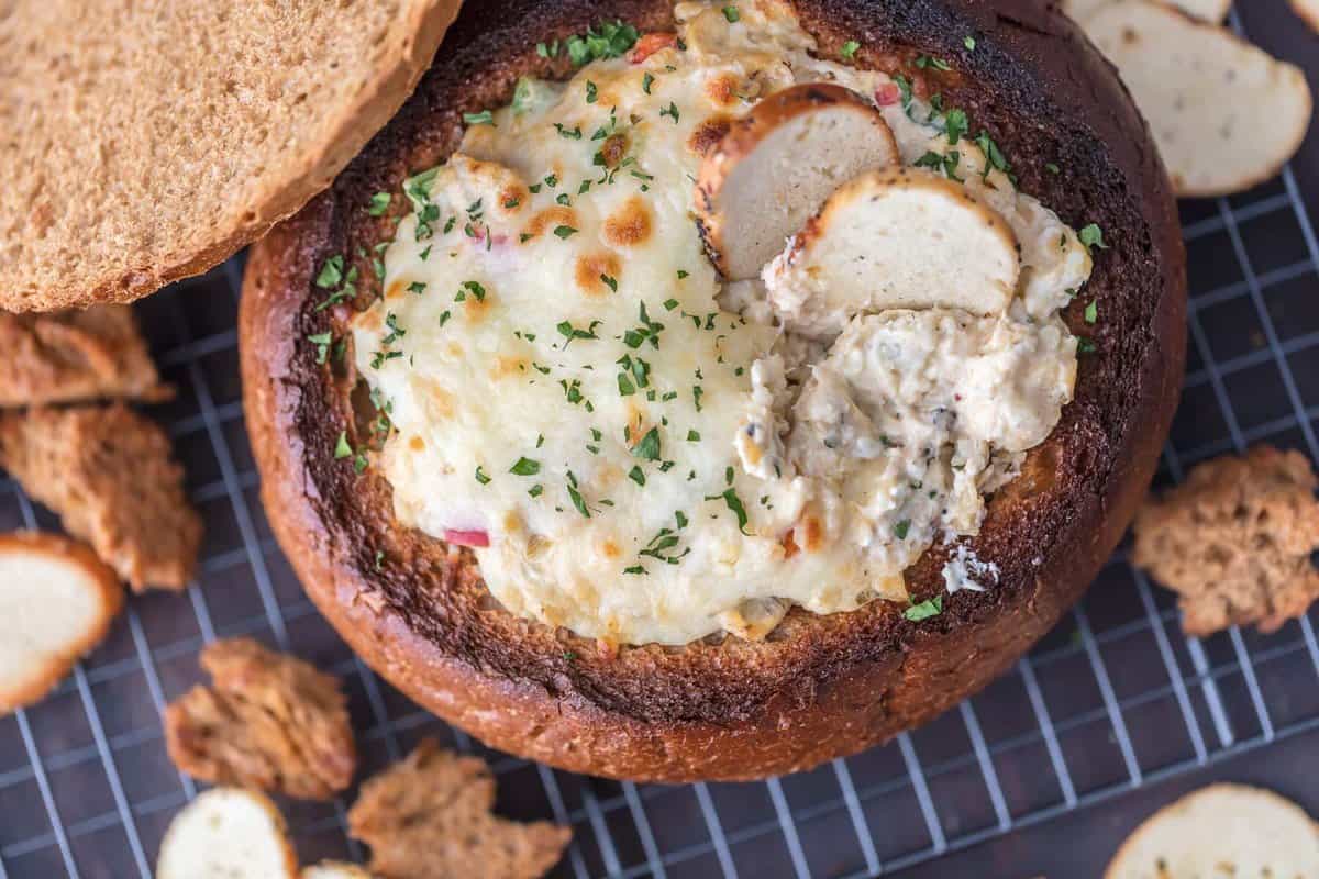 Warm Crab Artichoke Bread Bowl Dip