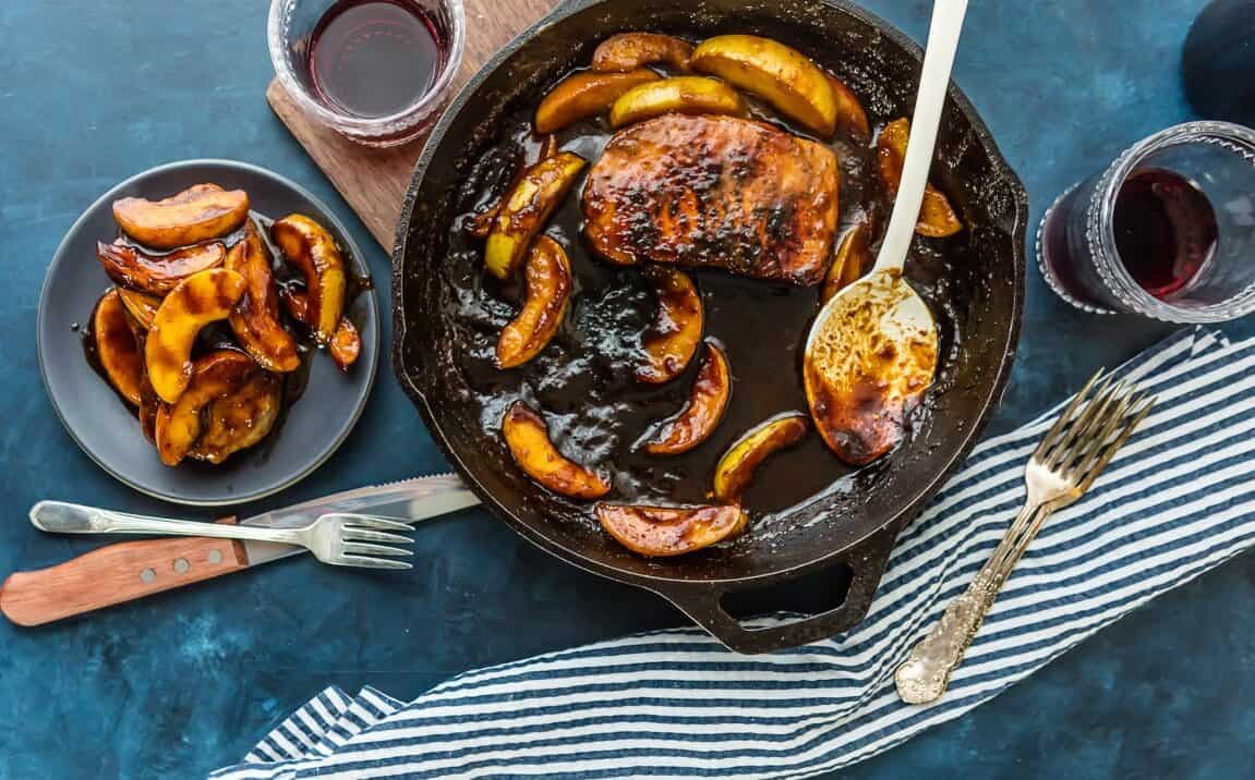 Pork Chops with apples in a skillet