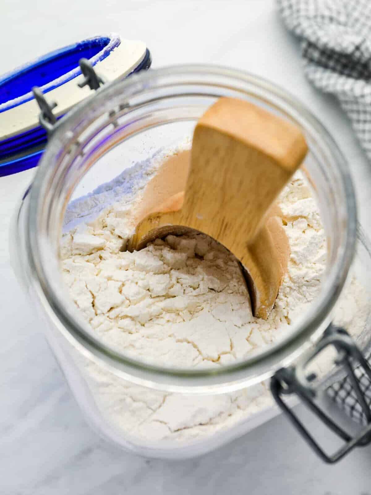 looking into a glass jar filled with DIY pancake mix made from scratch.