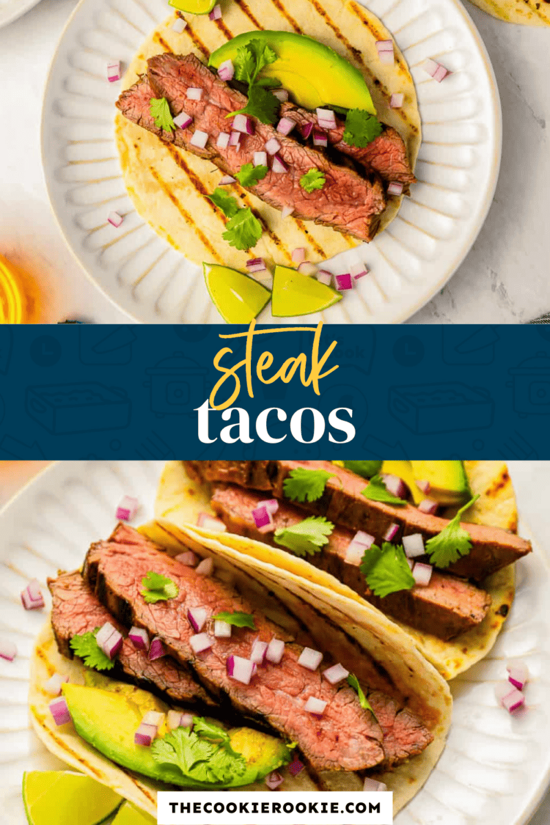 Steak tacos served on a white plate.