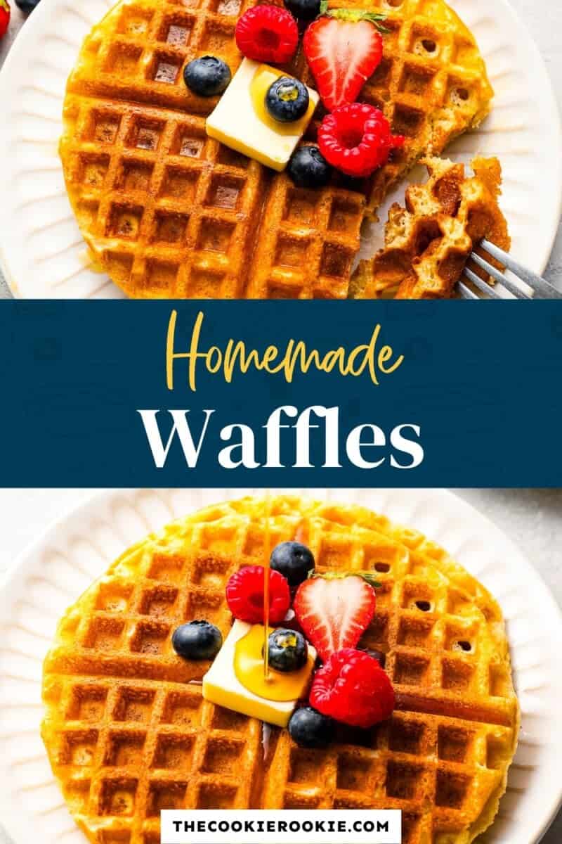 Homemade waffles on a plate with berries and a fork.