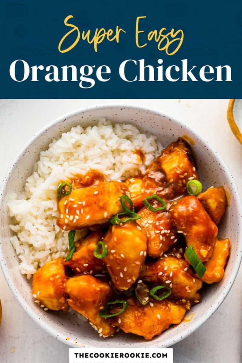 Super easy orange chicken in a bowl with rice.