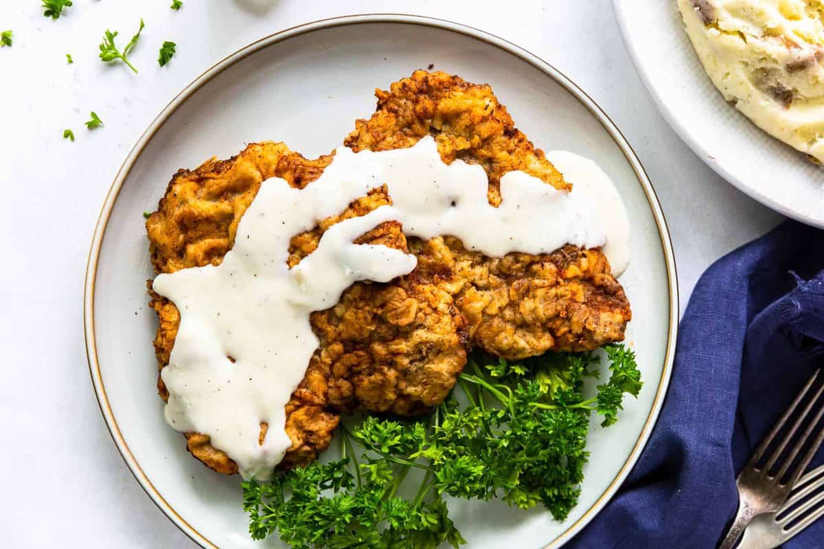 overhead plate of chicken fried steak