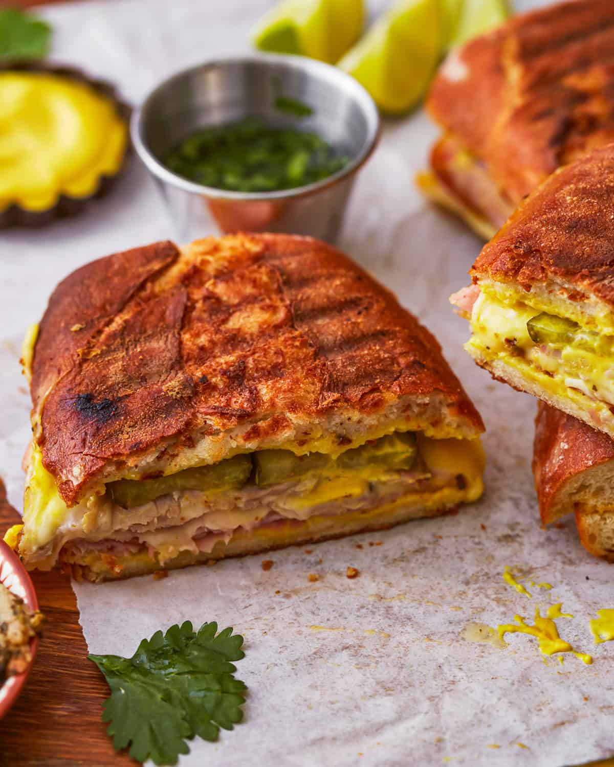 half of a grilled cuban sandwich.