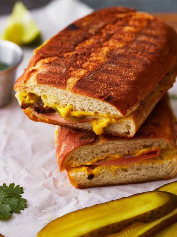 2 stacked halves of a cuban sandwich.