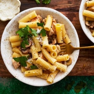 overhead view of a serving of chicken mushroom pasta in a white bowl with a fork.