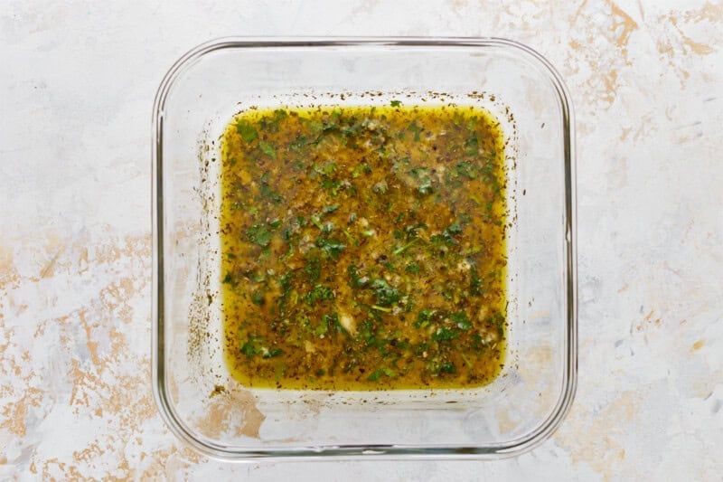 mojo marinade in a glass bowl.