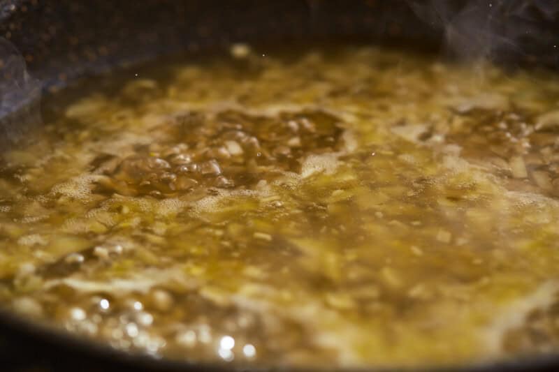 deglazing a pan with wine.