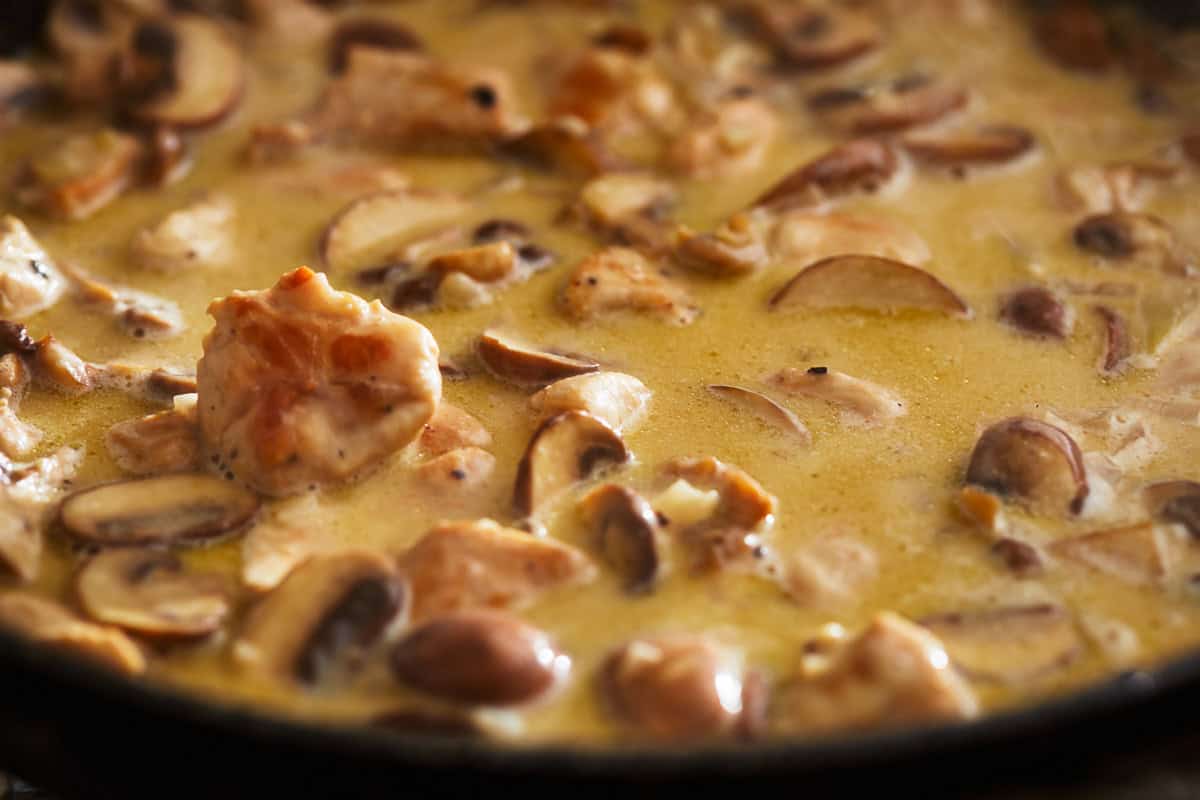 chicken and mushrooms in creamy sauce in a pan.