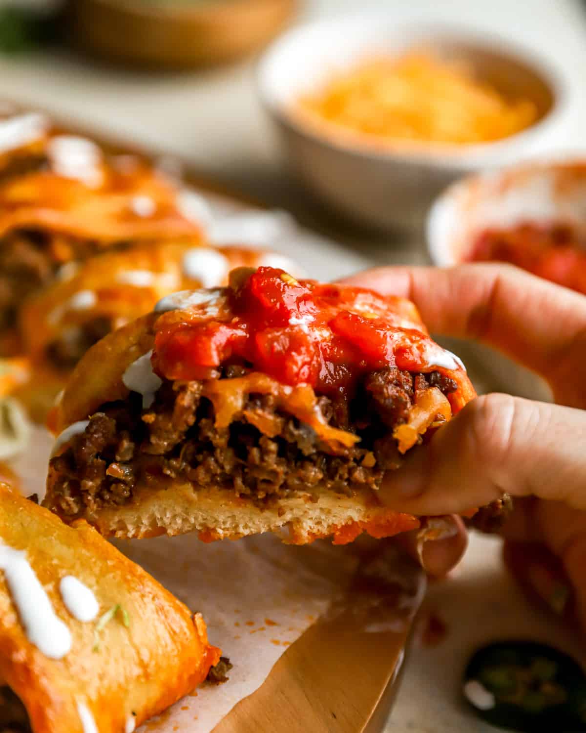 close up side view of a slice of a taco ring.