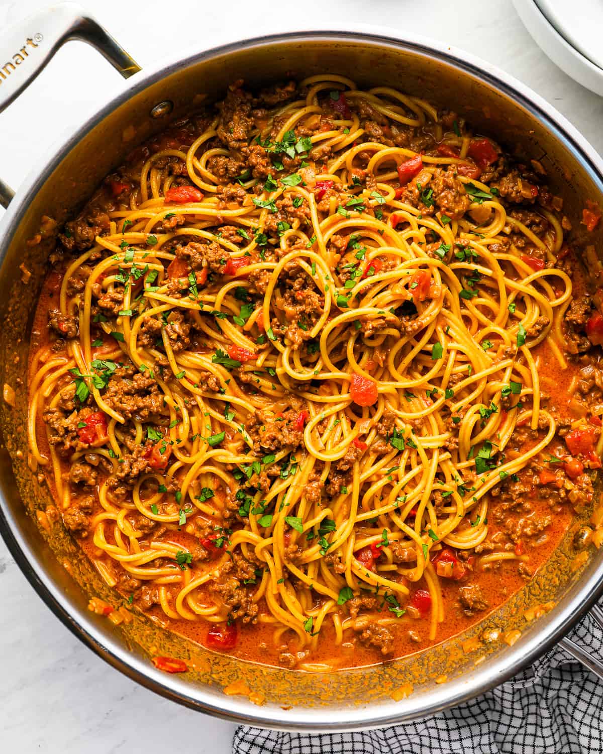 overhead view of taco spaghetti in a stainless pan.