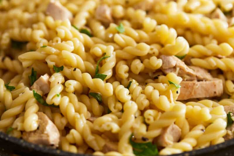 pasta tossed with sliced chicken in creamy lemon sauce in a pan.