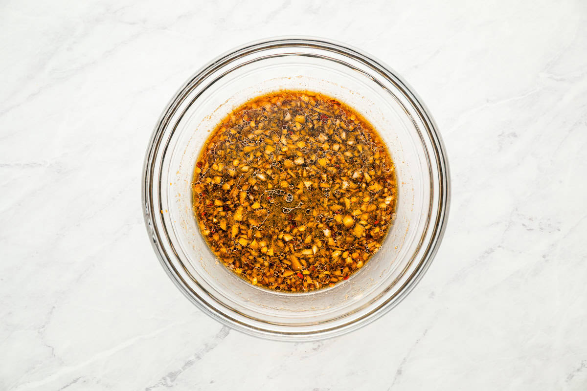 Stir fry sauce in a glass mixing bowl.