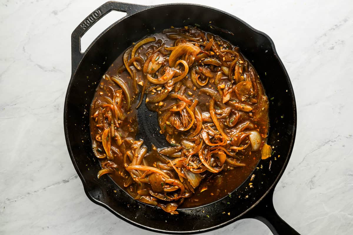onion gravy in a pan.