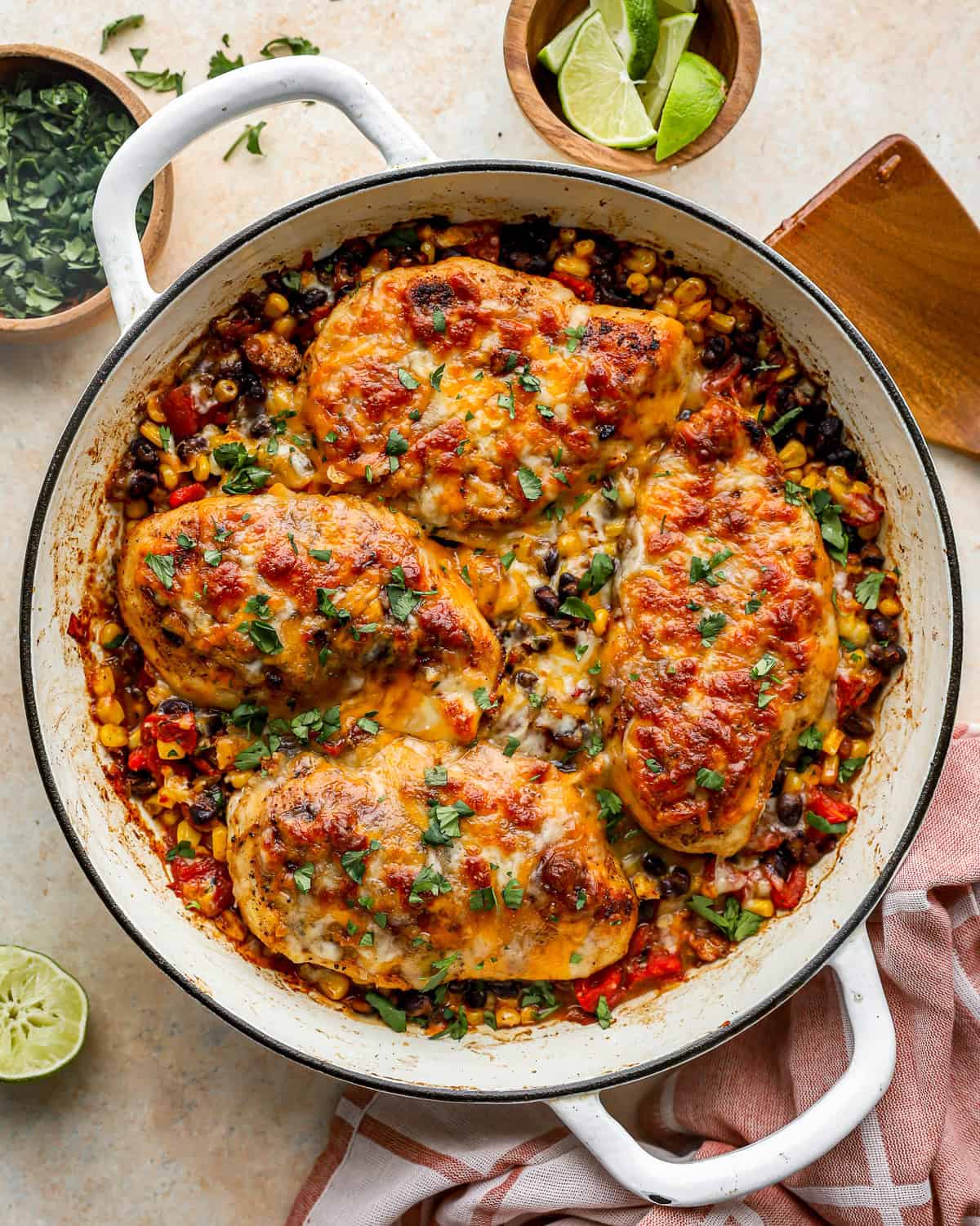 overhead view of cowboy chicken in a pan.