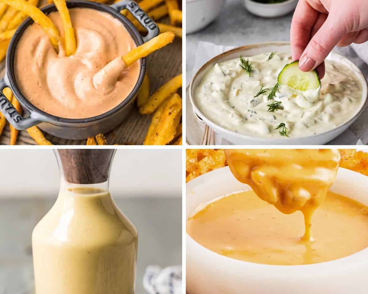 An image with fry sauce, ranch dill pickle sauce, honey mustard sauce and Chick-fil-A-sauce.
