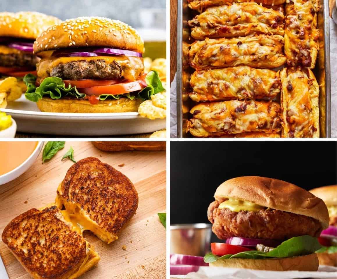 An image with a stovetop burger, chilidogs, grilled cheese, and a chicken burger.