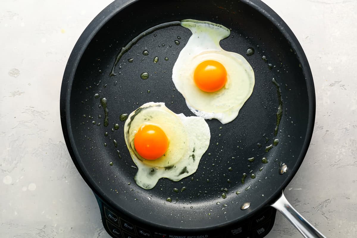 2 eggs in a frying pan.