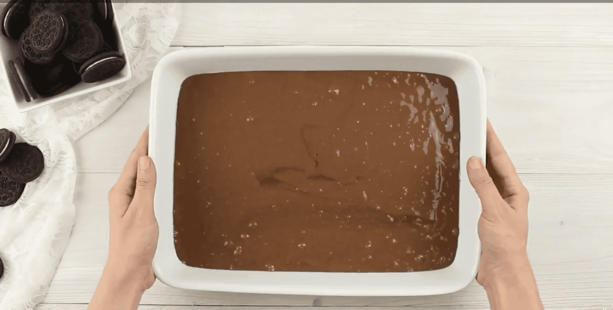 Boxed chocolate cake ready for the oven. 