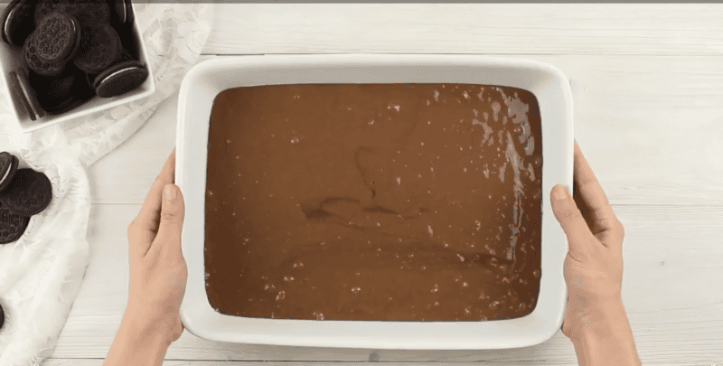 Boxed chocolate cake ready for the oven.