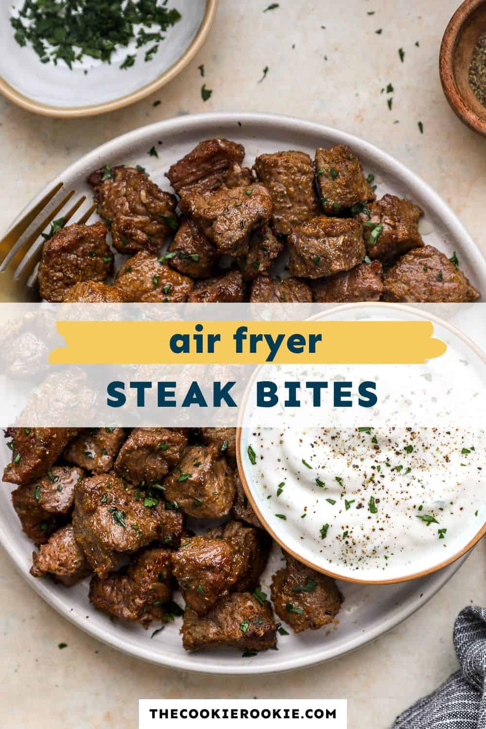 air fryer steak bites pin image