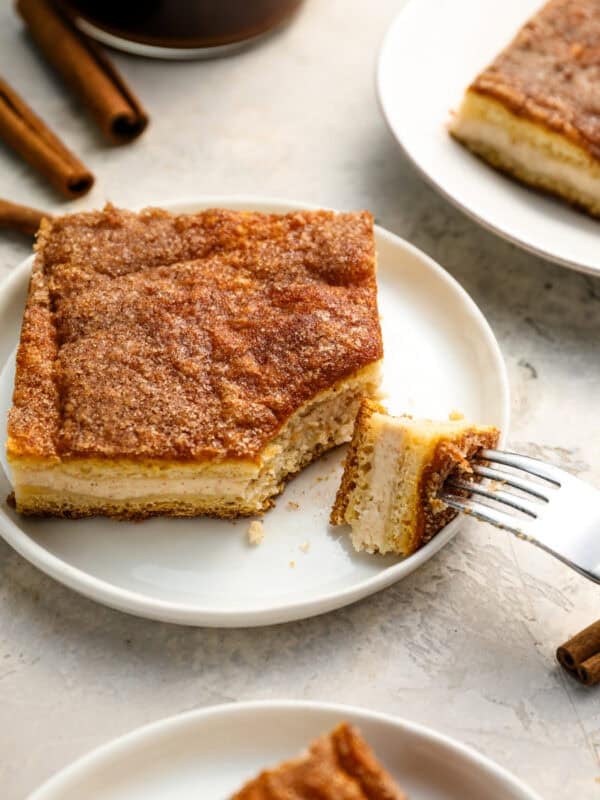 A slice of churro cheesecake on a white plate with a fork taking a bite, showing the creamy cheesecake layer and cinnamon sugar crust.