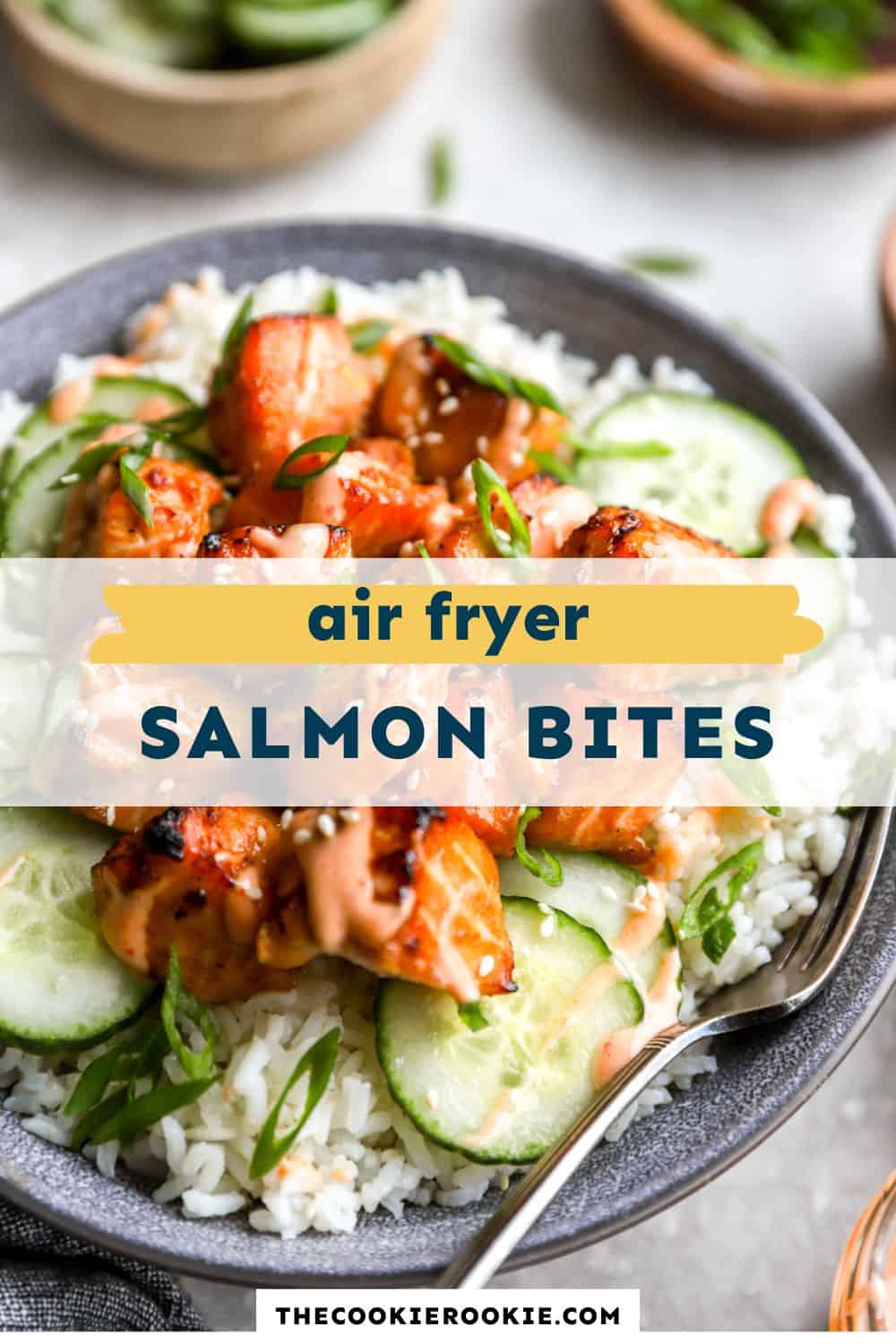 air fryer salmon bites pin image