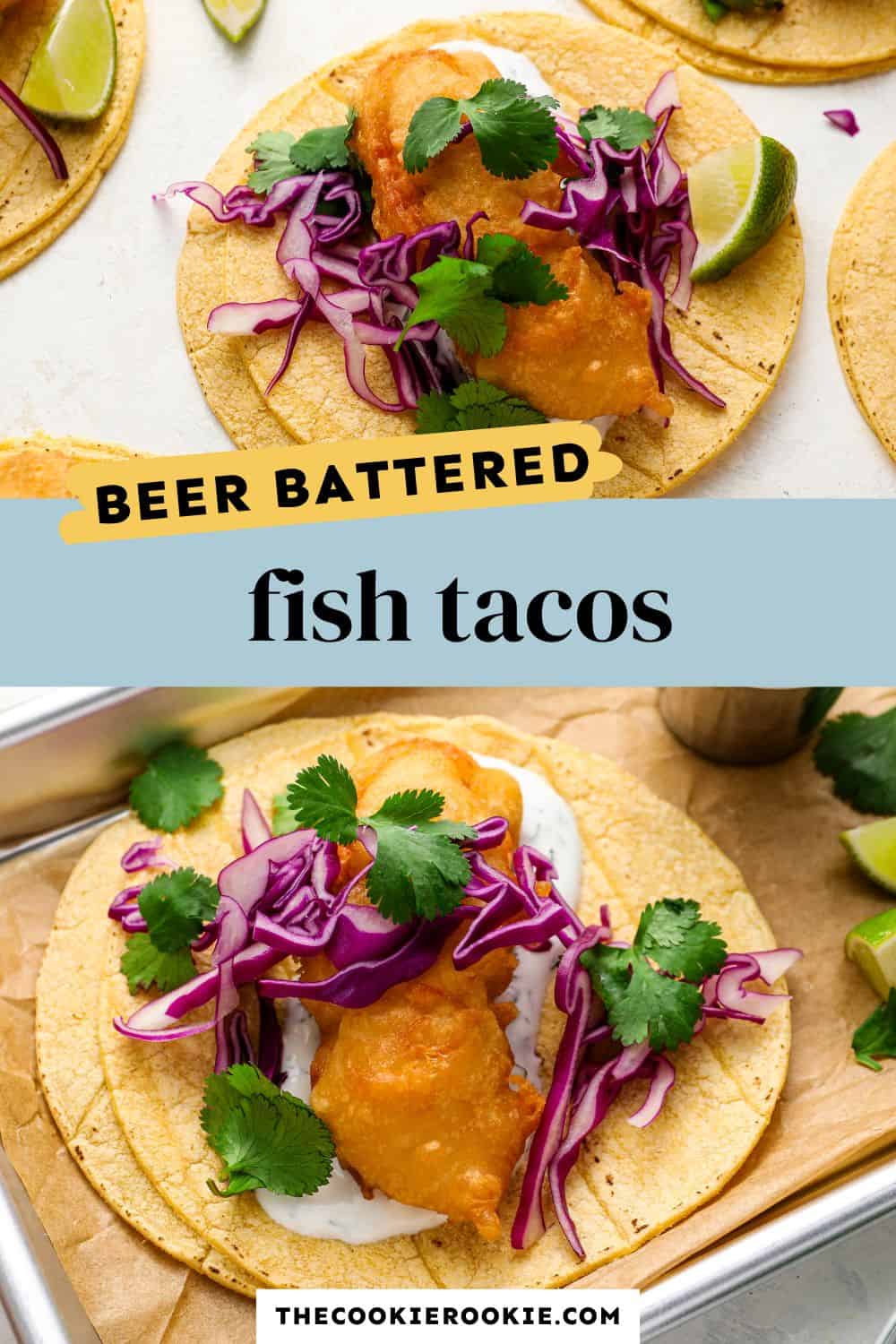 beer battered fish tacos pin image