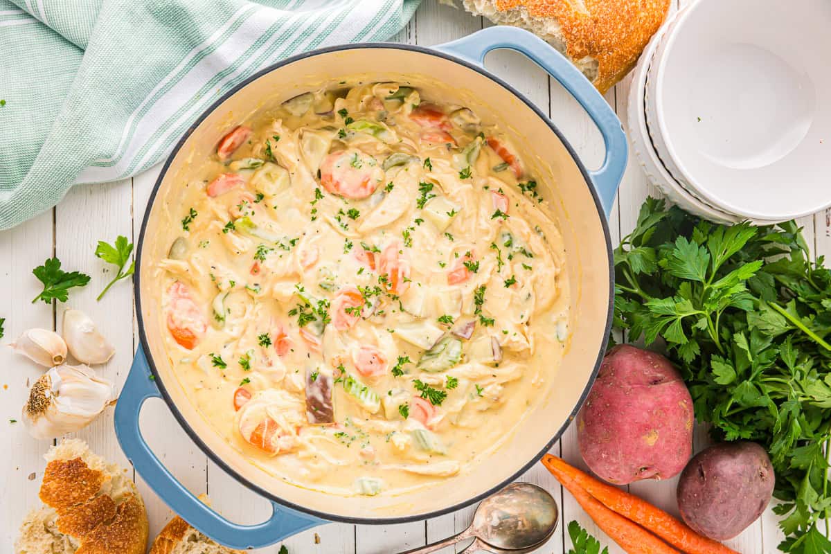 Creamy chicken stew fully cooked in a Dutch oven, thick and hearty with carrots, potatoes, celery, and parsley garnish.