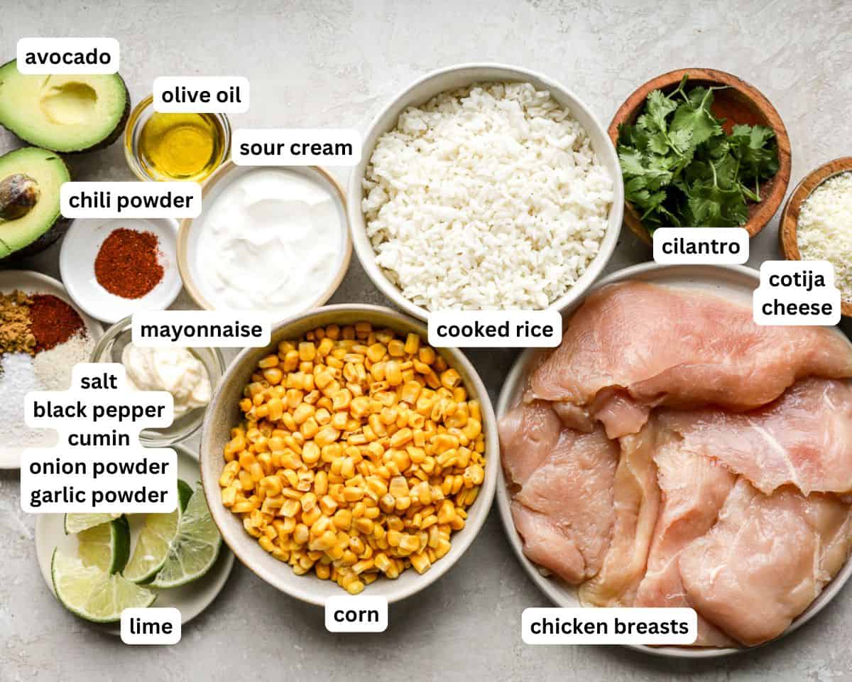 street corn chicken and rice bowls