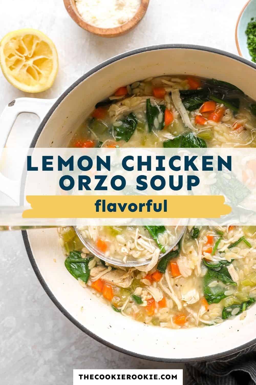 lemon chicken orzo soup pin image
