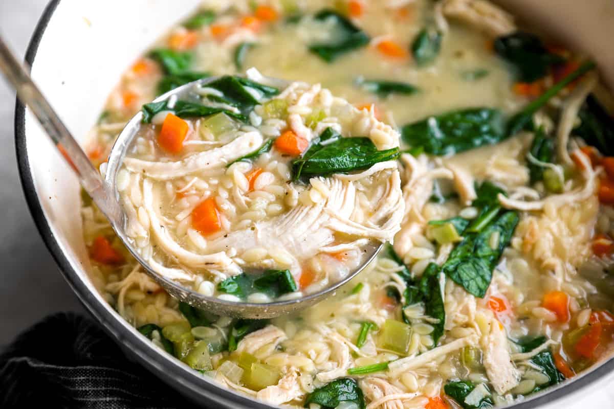 Close-up of lemon chicken orzo soup with shredded chicken, orzo, carrots, celery, and spinach