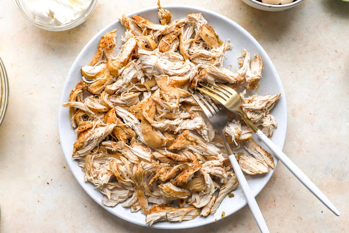 Cooked chicken breasts shredded with forks into tender pieces for white chicken chili