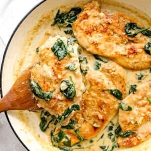 Creamy chicken florentine in a skillet with golden seared chicken, spinach, and parmesan cream sauce