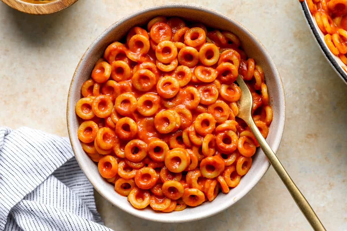 homemade SpaghettiOs served in a bowl