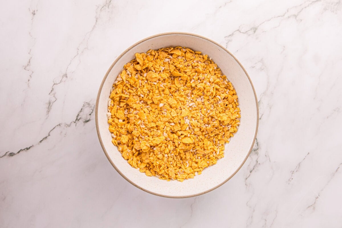 Crushed cornflake and panko coating in a bowl, ready for breading the chicken