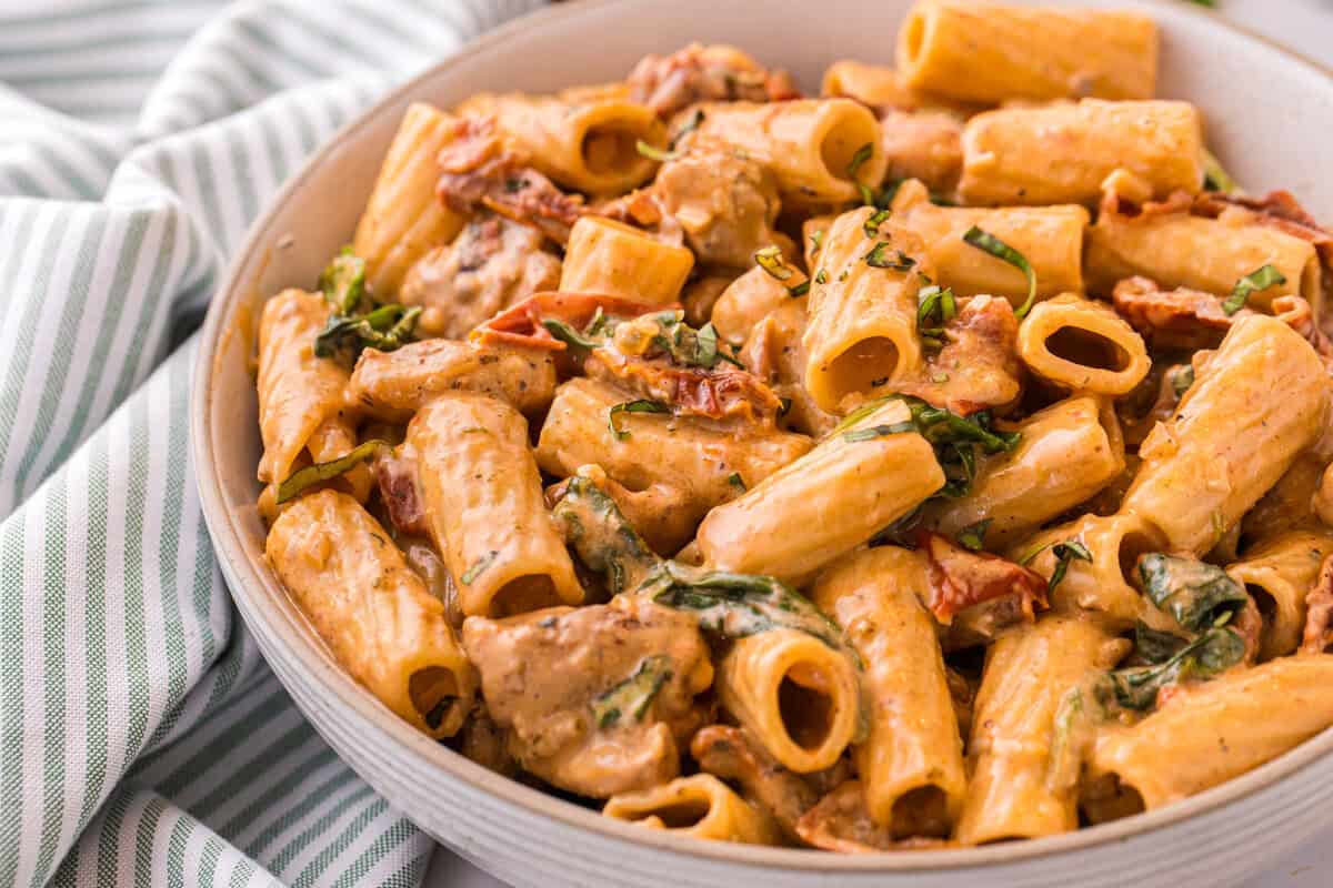 Tuscan chicken pasta plated and ready to serve